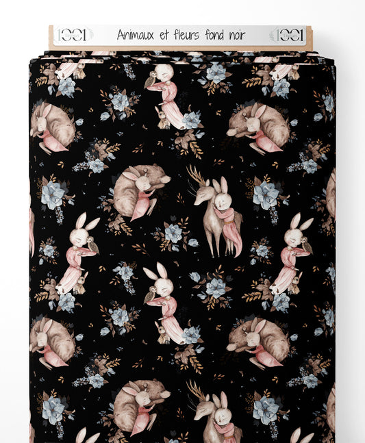 Tissu - Animaux et fleurs sur fond noir