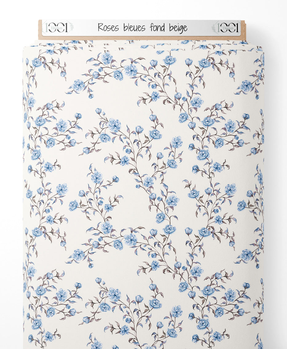 Tissu - Roses bleues sur fond beige