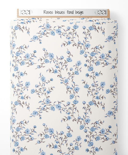 Tissu - Roses bleues sur fond beige