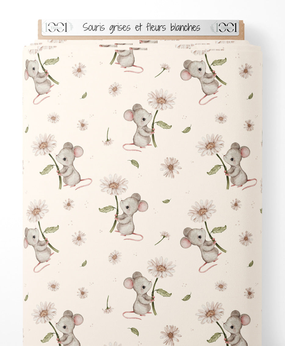 Tissu - Souris grises et fleurs blanches
