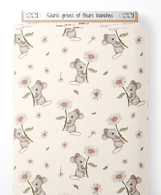 Tissu - Souris grises et fleurs blanches