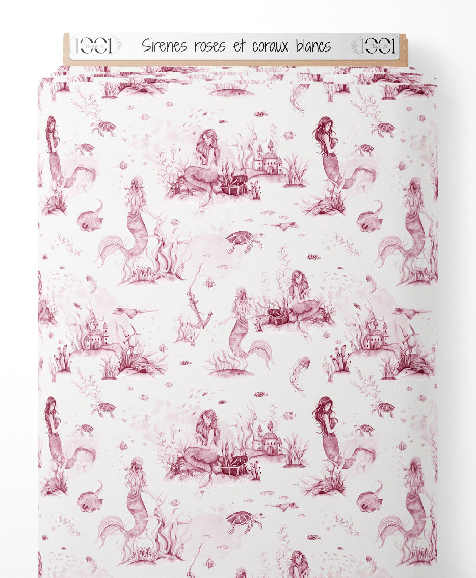 Tissu - Sirènes roses et coraux blancs