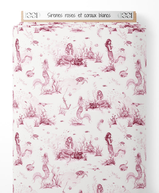 Tissu - Sirènes roses et coraux blancs