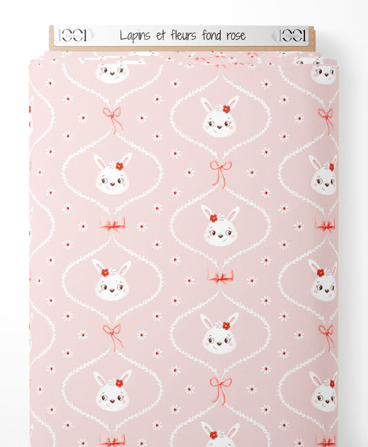 Tissu - Lapins et fleurs sur fond rose