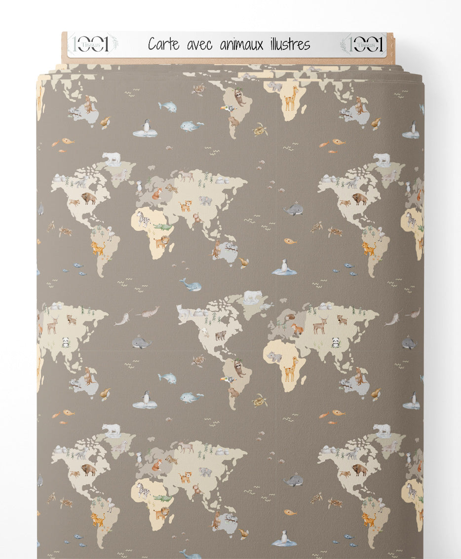 Tissu - Carte avec animaux illustrés