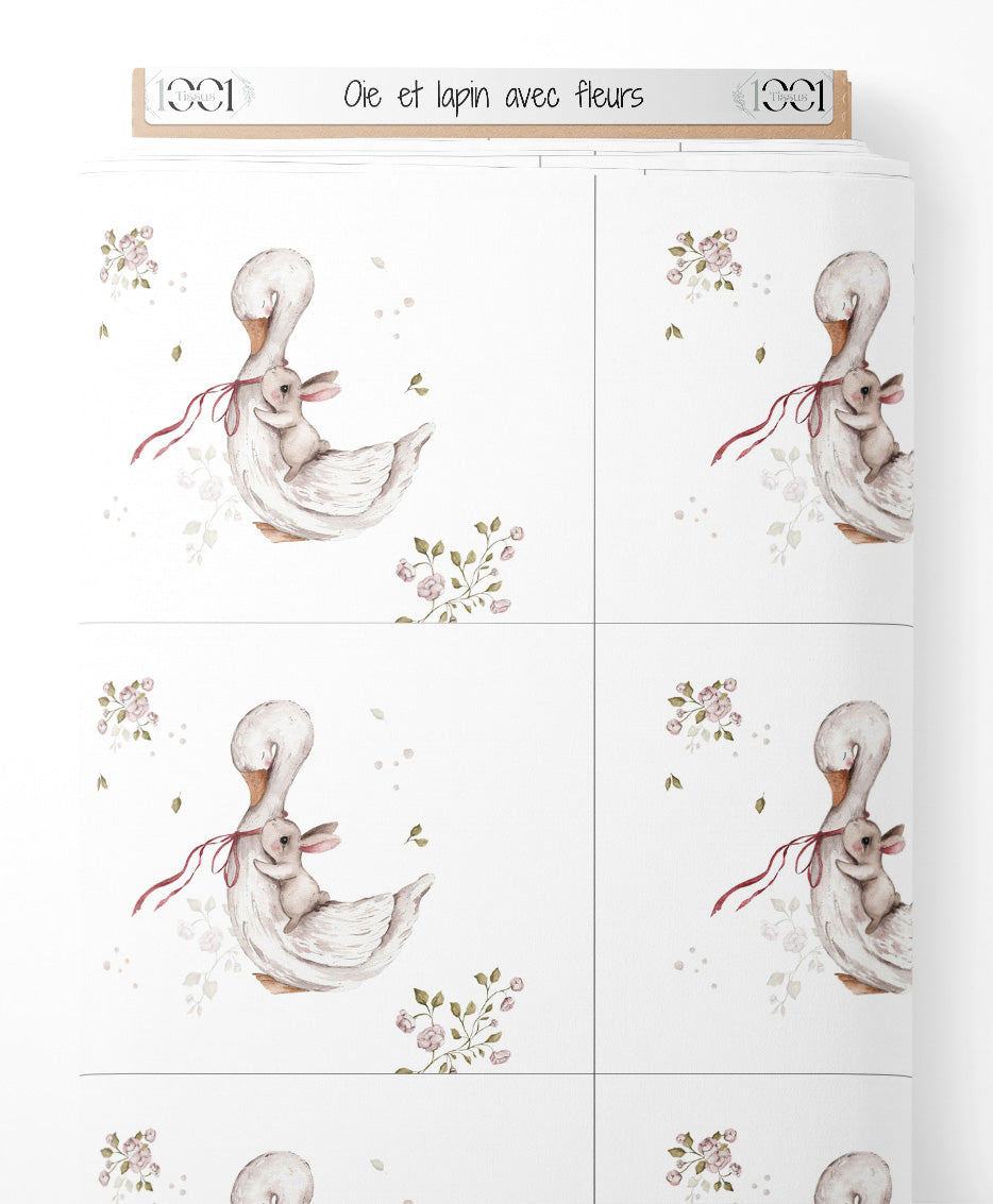 Tissu - Oie et lapin avec fleurs