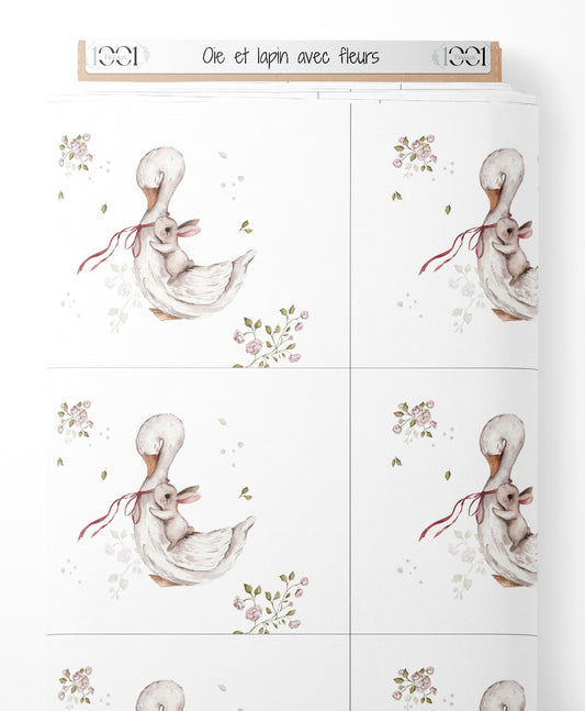 Tissu - Oie et lapin avec fleurs