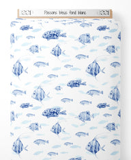 Tissu - Poissons bleus sur fond blanc