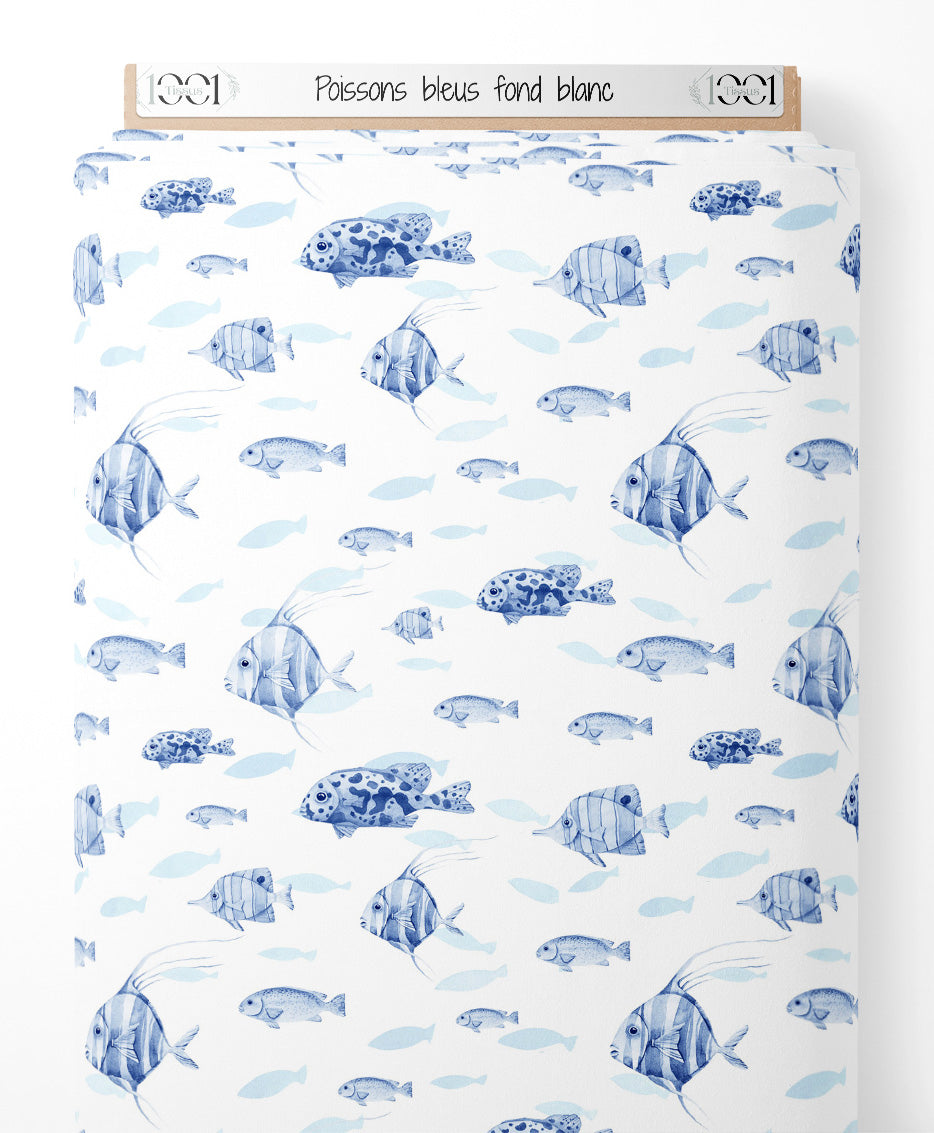 Tissu - Poissons bleus sur fond blanc