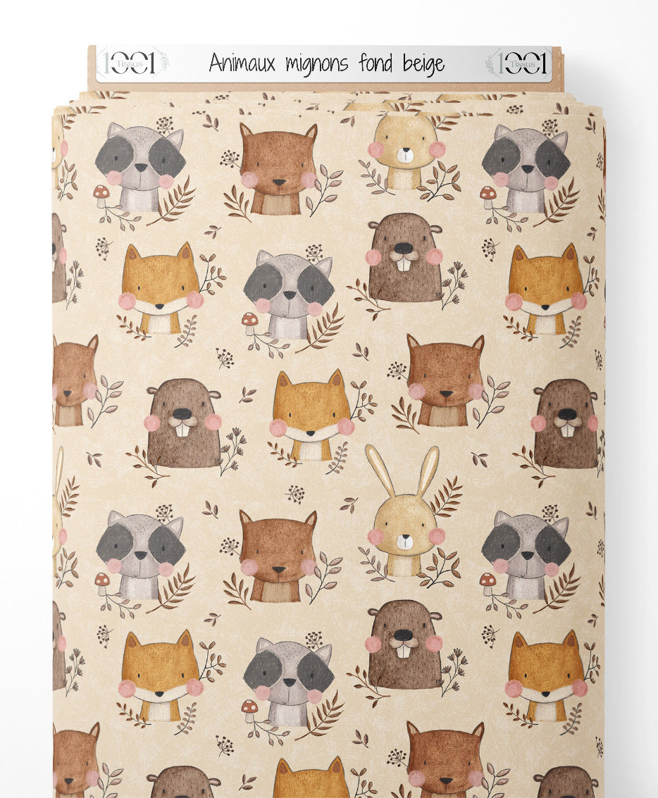 Tissu - Animaux mignons fond beige