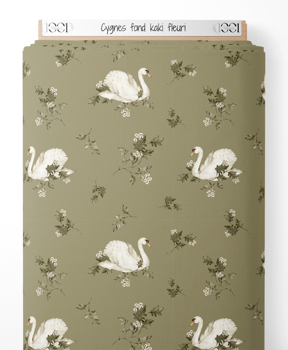 Tissu - Cygnes sur fond kaki fleuri