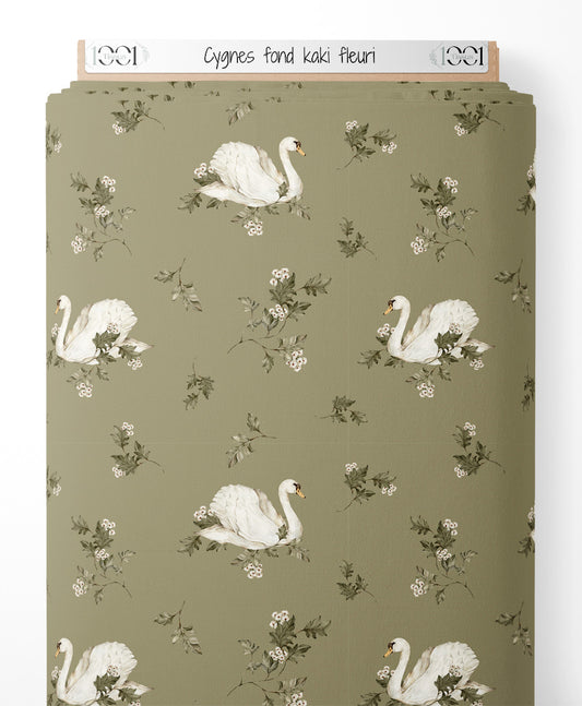 Tissu - Cygnes sur fond kaki fleuri