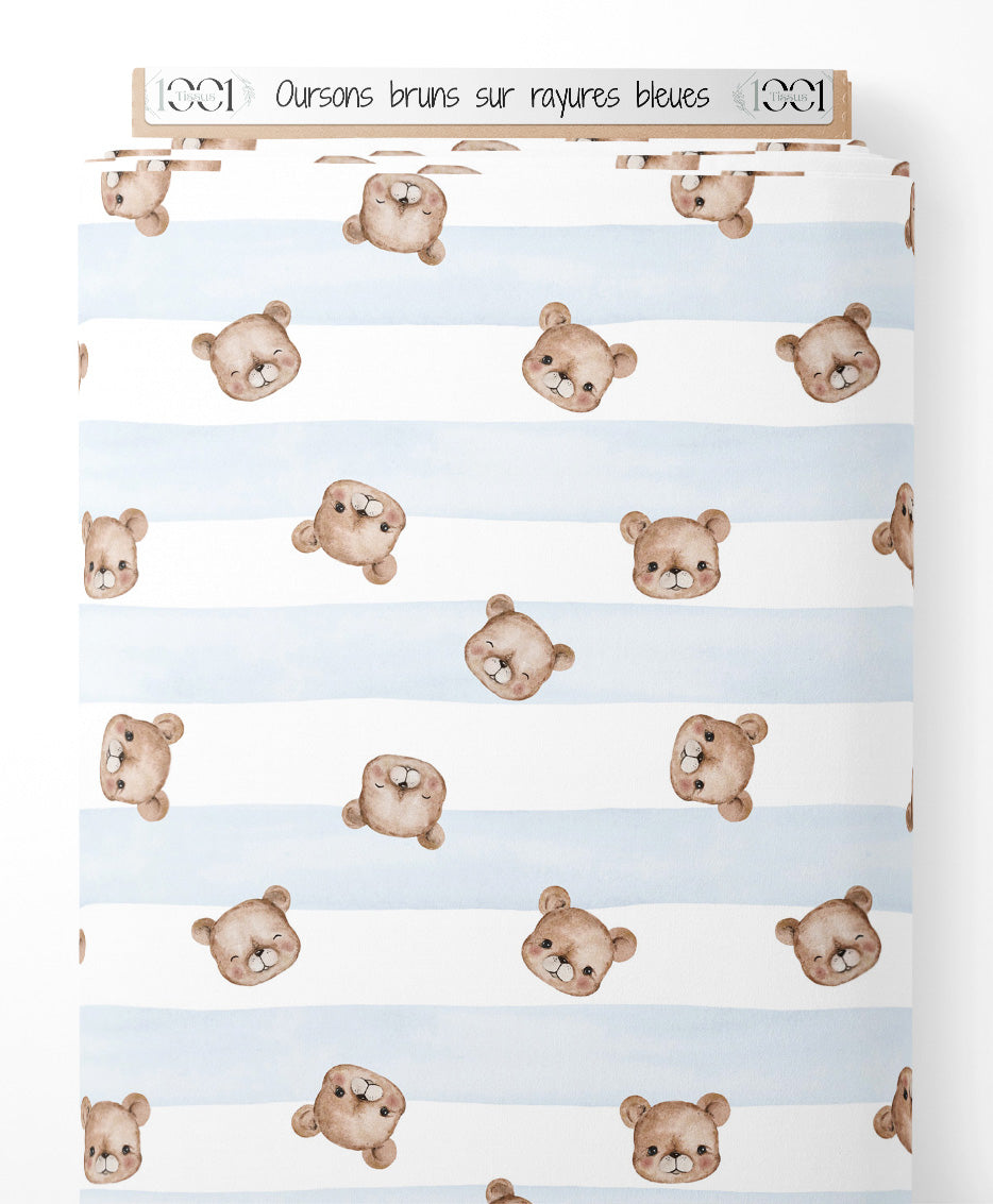 Tissu - Oursons bruns sur rayures bleues