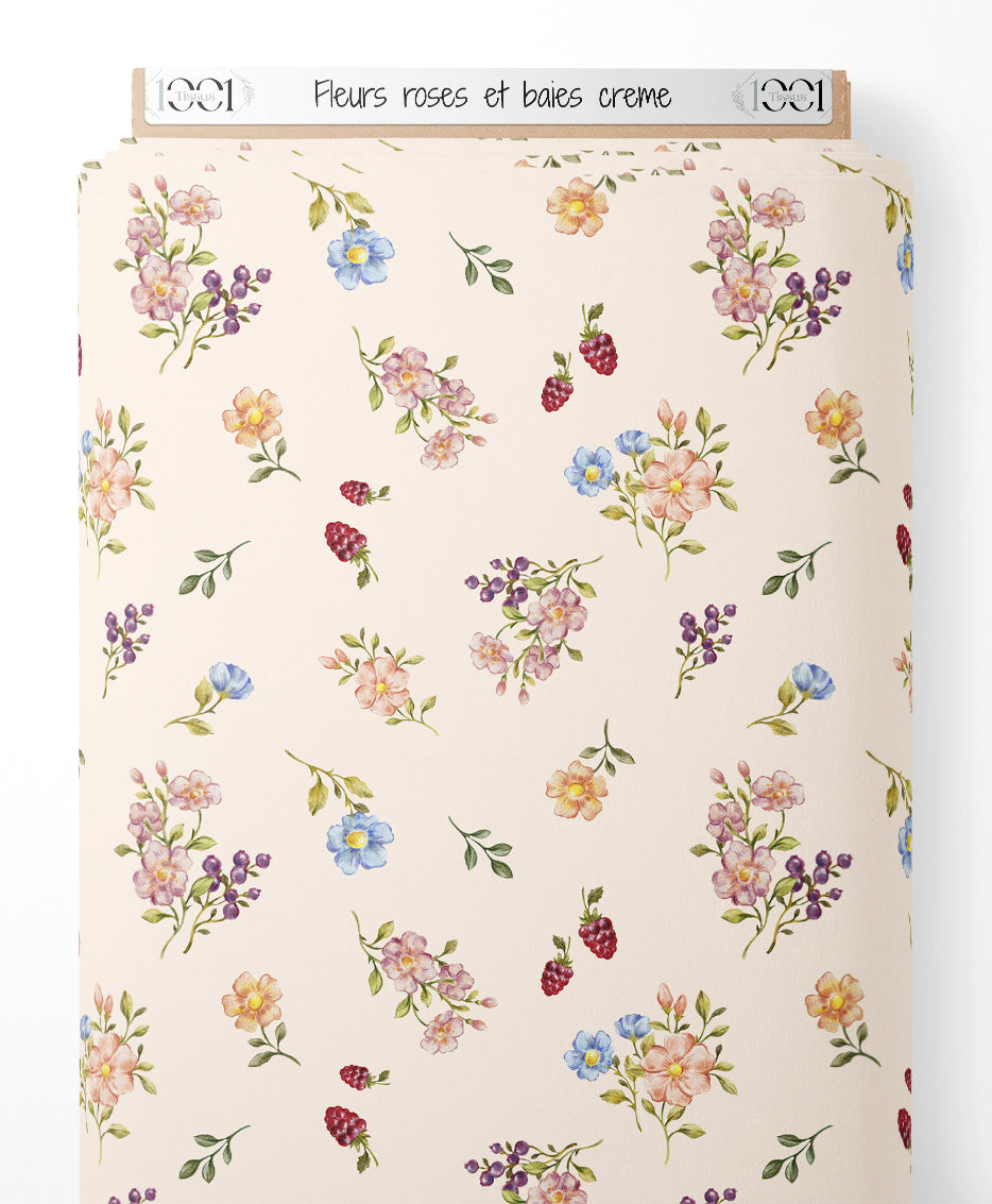 Tissu - Fleurs roses et baies crème