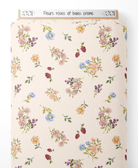 Tissu - Fleurs roses et baies crème