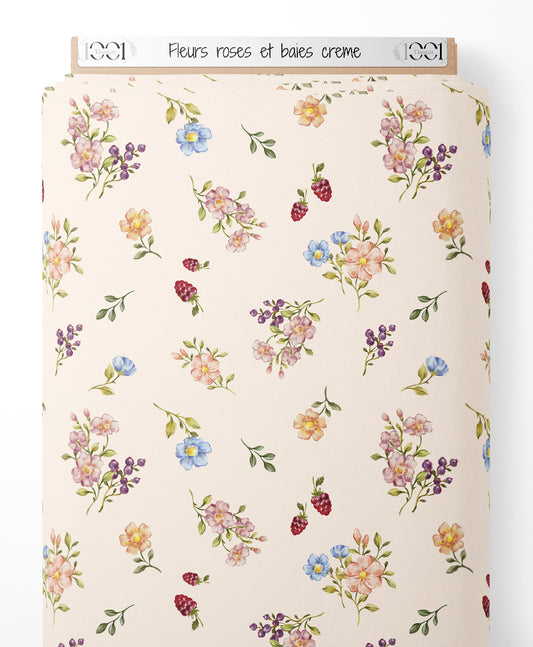 Tissu - Fleurs roses et baies crème