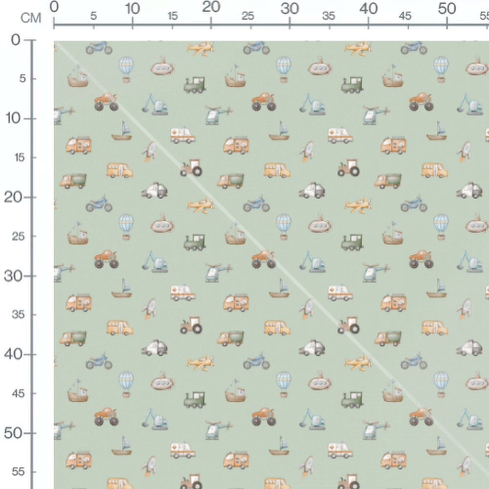 Tissu - Véhicules variés sur fond vert