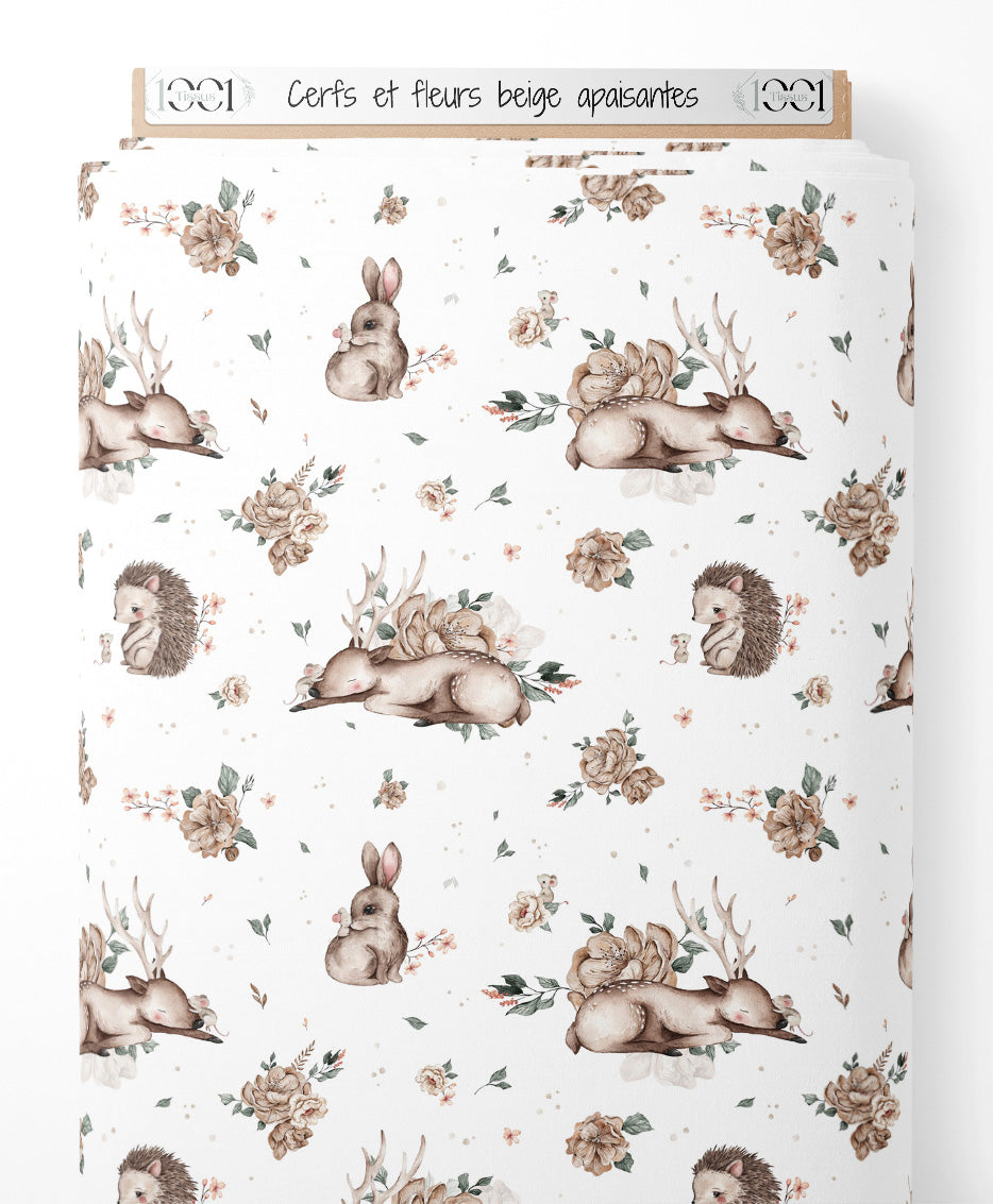 Tissu - Cerfs et fleurs beige apaisantes