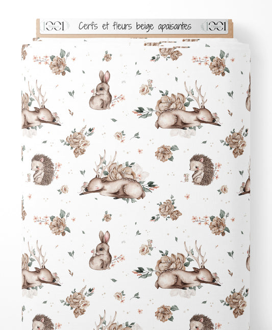 Tissu - Cerfs et fleurs beige apaisantes