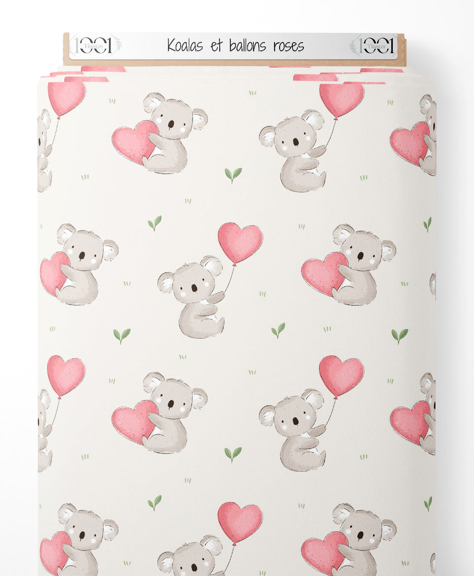 Tissu - Koalas et ballons roses