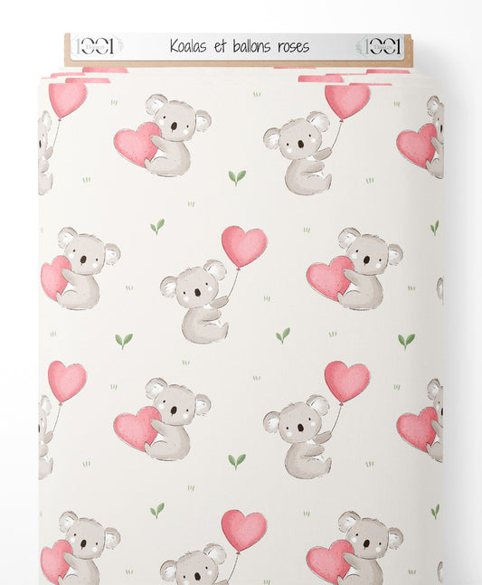 Tissu - Koalas et ballons roses