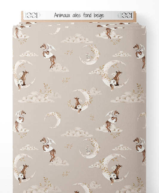 Tissu - Animaux ailés sur fond beige