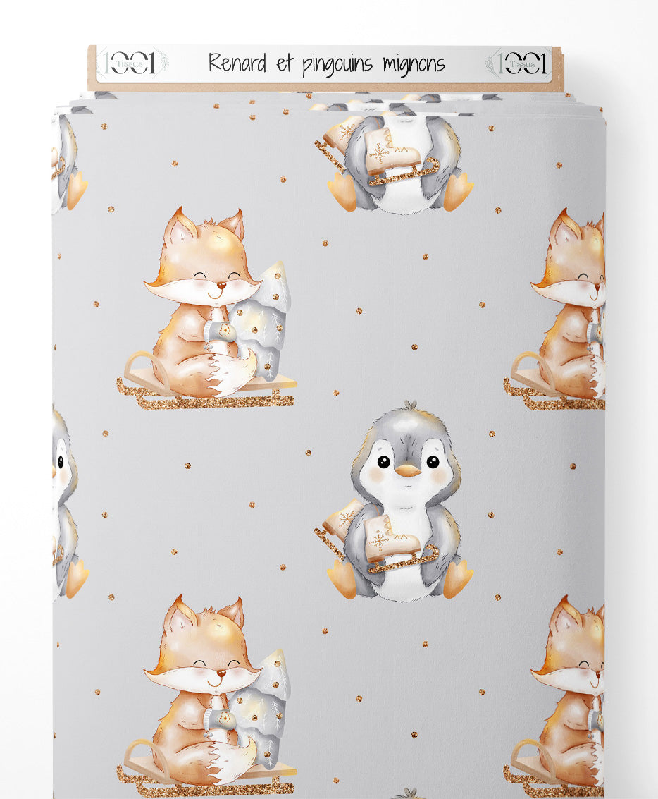 Tissu - Renard et pingouins mignons