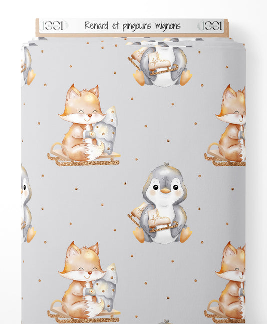 Tissu - Renard et pingouins mignons