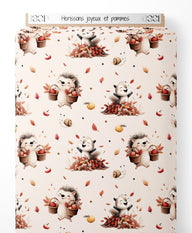 Tissu - Hérissons joyeux et pommes