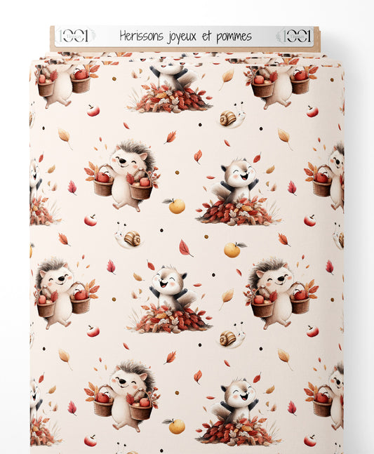 Tissu - Hérissons joyeux et pommes