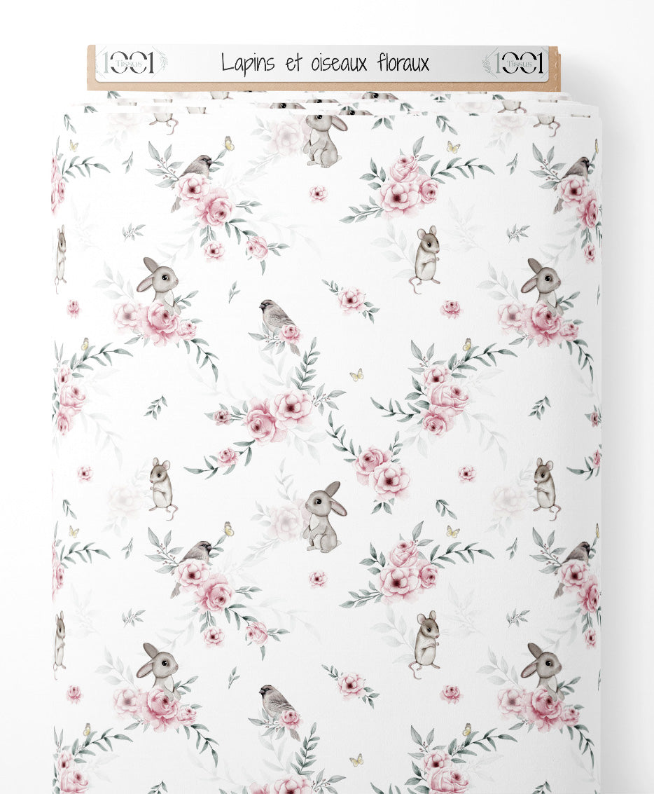 Tissu - Lapins et oiseaux floraux