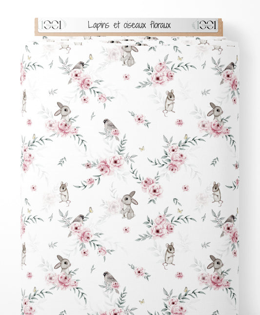 Tissu - Lapins et oiseaux floraux