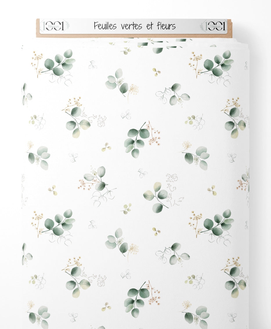 Tissu - Feuilles vertes et fleurs
