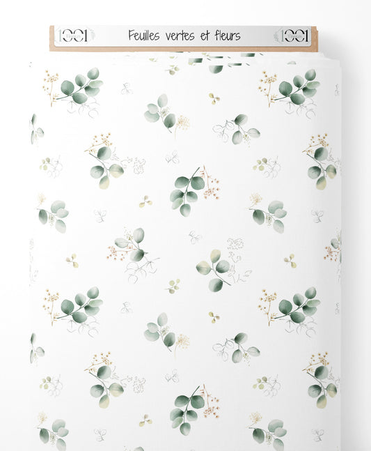 Tissu - Feuilles vertes et fleurs