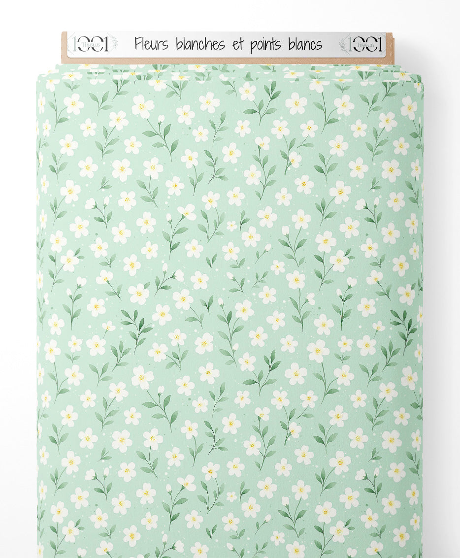 Tissu - Fleurs blanches et points blancs
