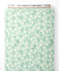 Tissu - Fleurs blanches et points blancs