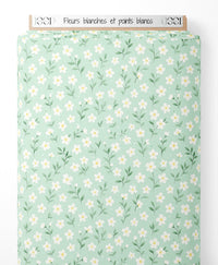 Tissu - Fleurs blanches et points blancs