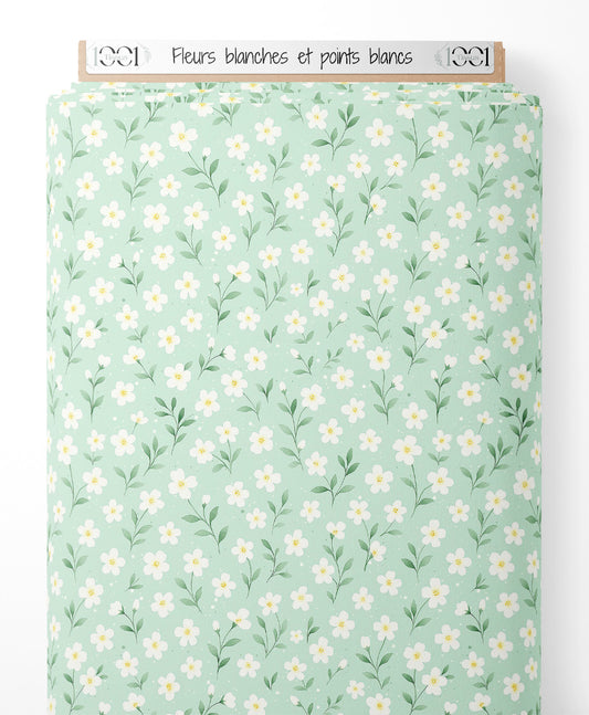 Tissu - Fleurs blanches et points blancs