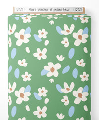 Tissu - Fleurs blanches et pétales bleus