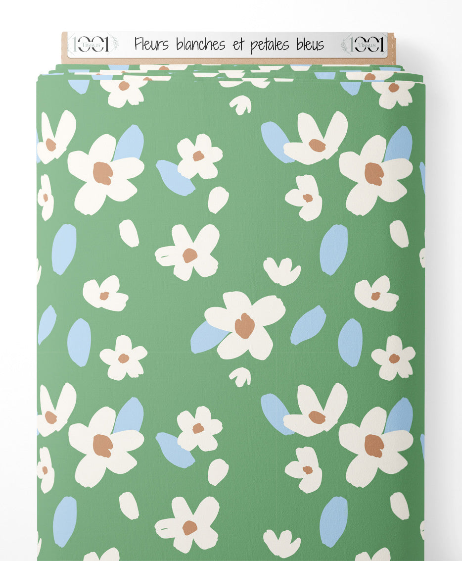 Tissu - Fleurs blanches et pétales bleus