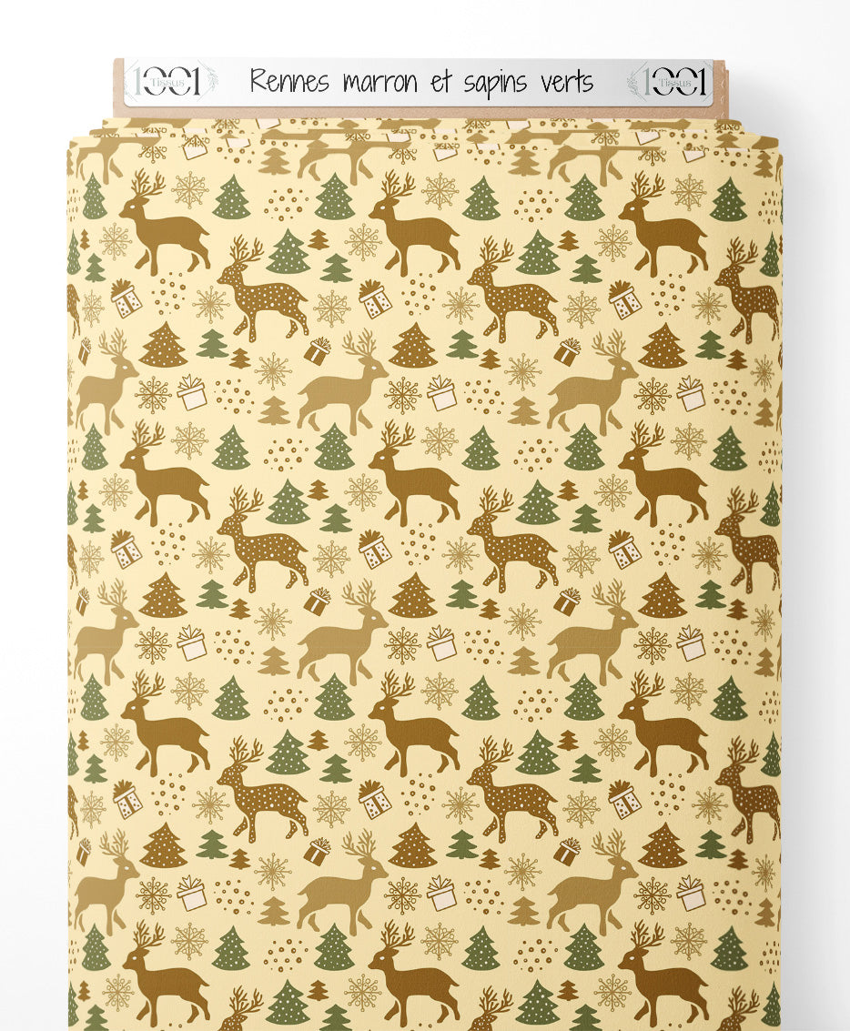 Tissu - Rennes marron et sapins verts