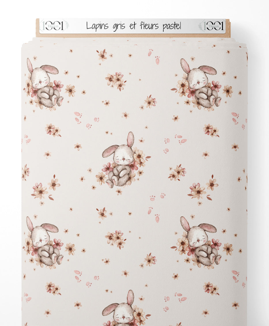 Tissu - Lapins gris et fleurs pastel