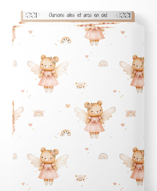 Tissu - Oursons ailés et arcs-en-ciel