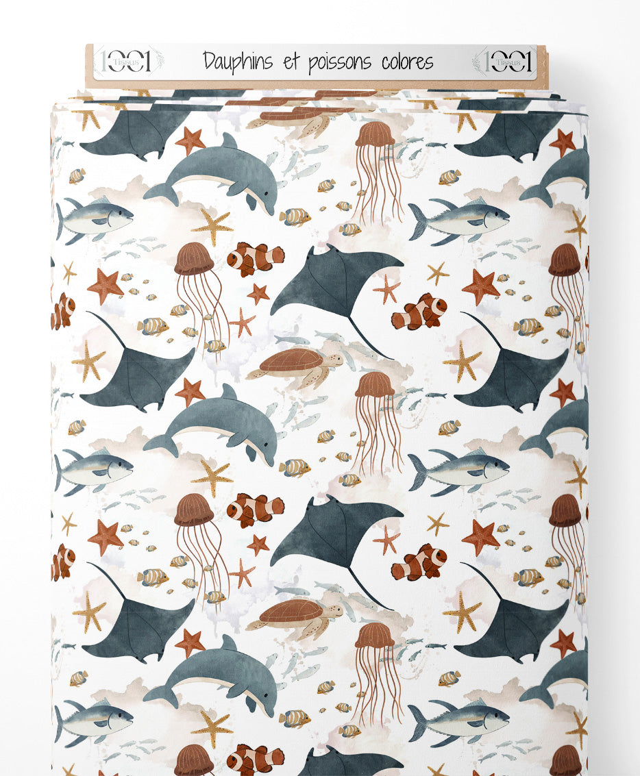 Tissu - Dauphins et poissons colorés