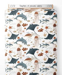 Tissu - Dauphins et poissons colorés