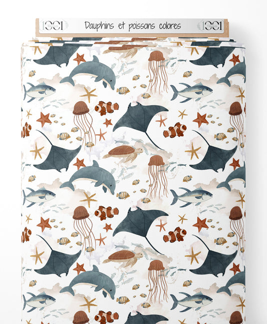 Tissu - Dauphins et poissons colorés