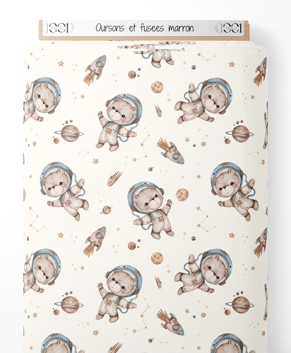 Tissu - Oursons et fusées marron
