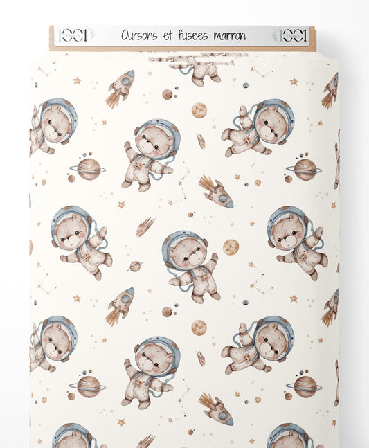 Tissu - Oursons et fusées marron