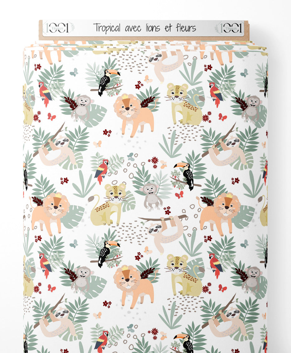 Tissu - Tropical avec lions et fleurs