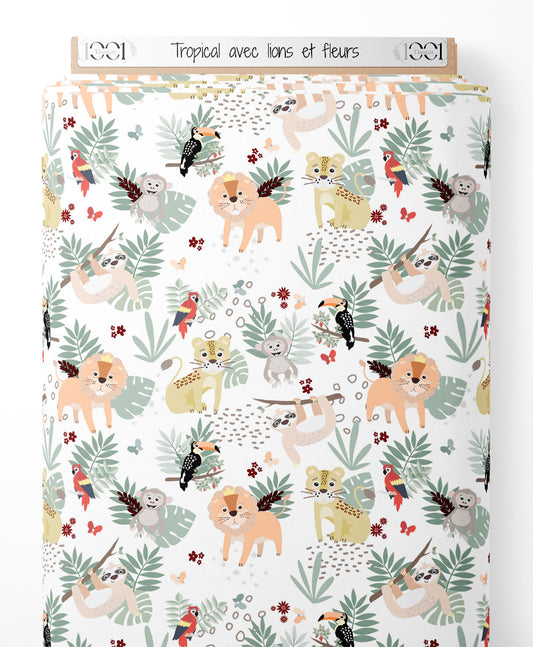 Tissu - Tropical avec lions et fleurs